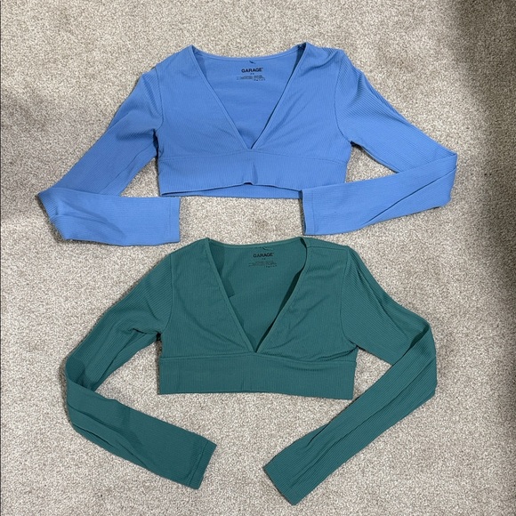 Garage Tops - Garage Ribbed V-Neck Long Sleeve Crop Top Duo - Light Blue & Teal
